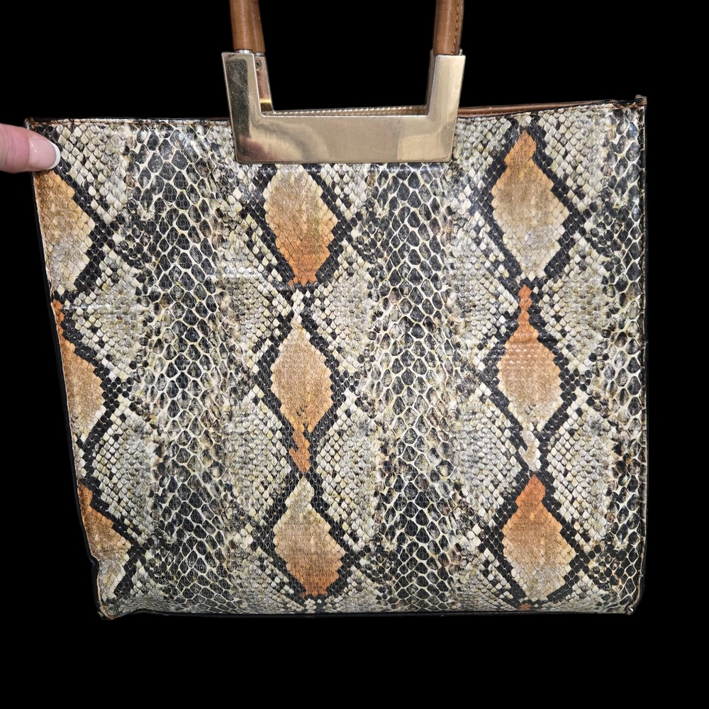 Neiman Marcus Cream and Brown Snakeskin Tote Bag with Structured Design